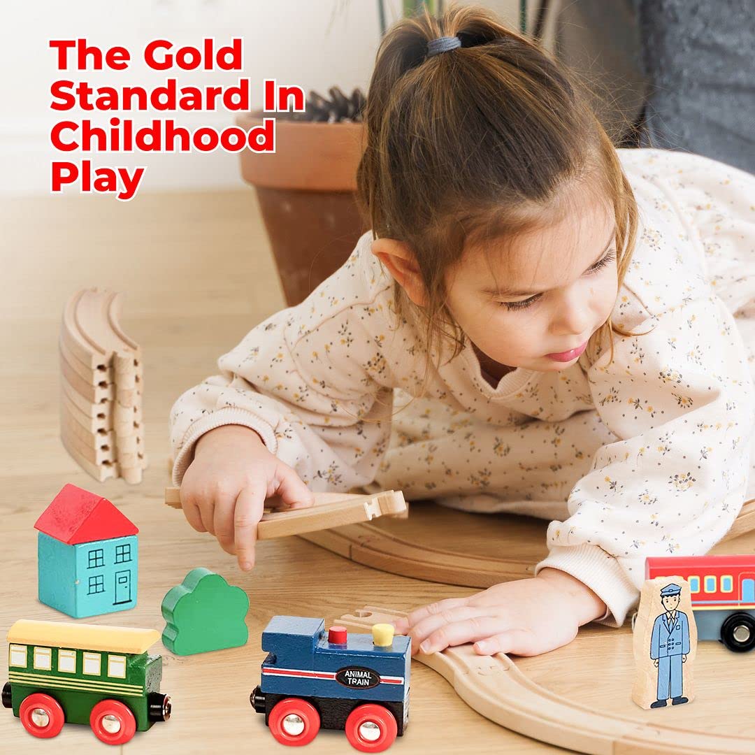 On Track Usa Wooden Train Set 35 Piece All In One Wooden Toy Train Tracks Set With Magnetic Trains And Railway Accessories, Come