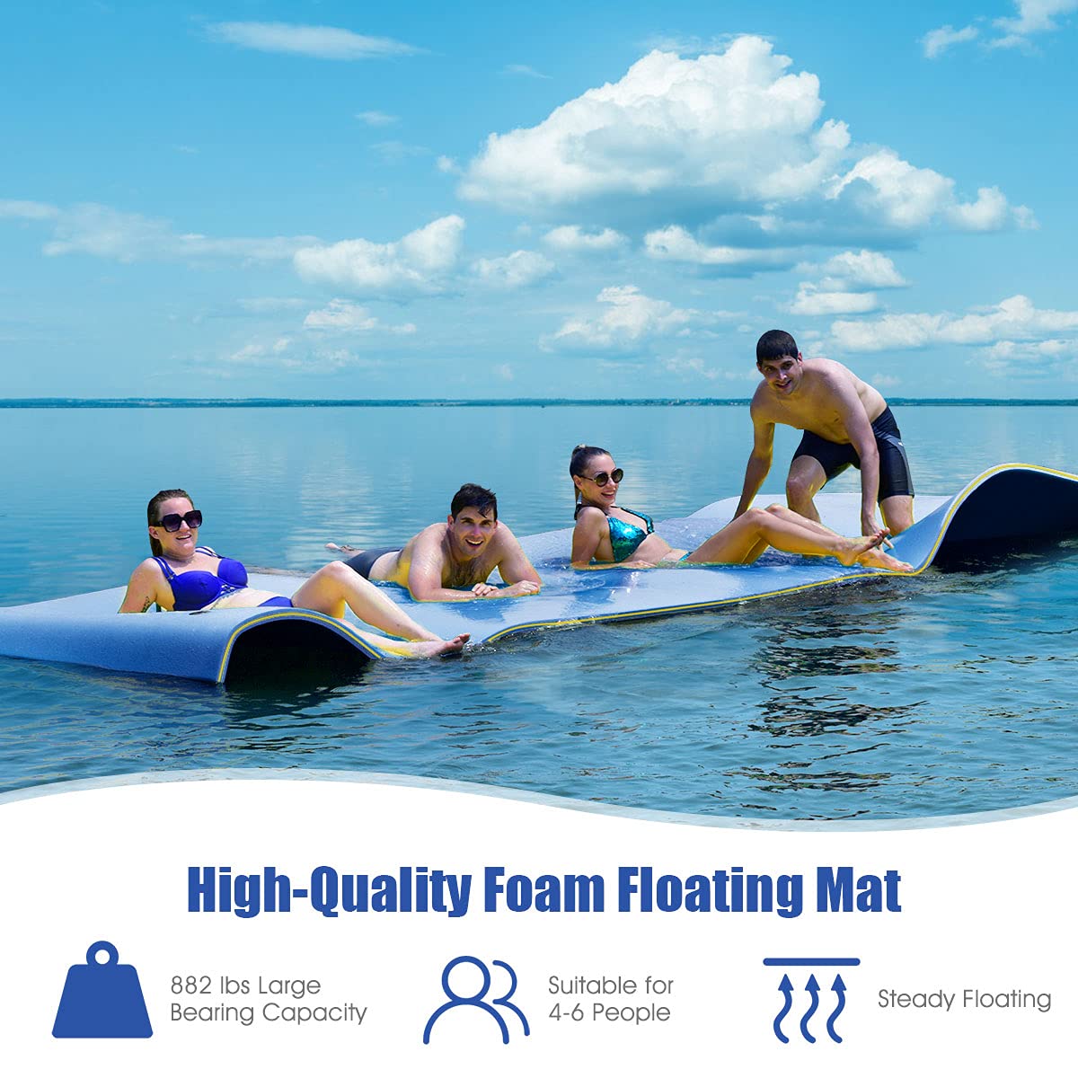 Gymax Floating Water Mat, 12' X 6' Foam Water Floating Pad With Safe Bungee Tether And Storage Straps, 3-Layer Xpe Foam Floating