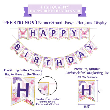 LITAUS, Birthday Decorations, NO DIY - Pack of 19 | Butterfly Happy Birthday Banner, Honeycomb Balls, Swirls, Garland | Happy Bi