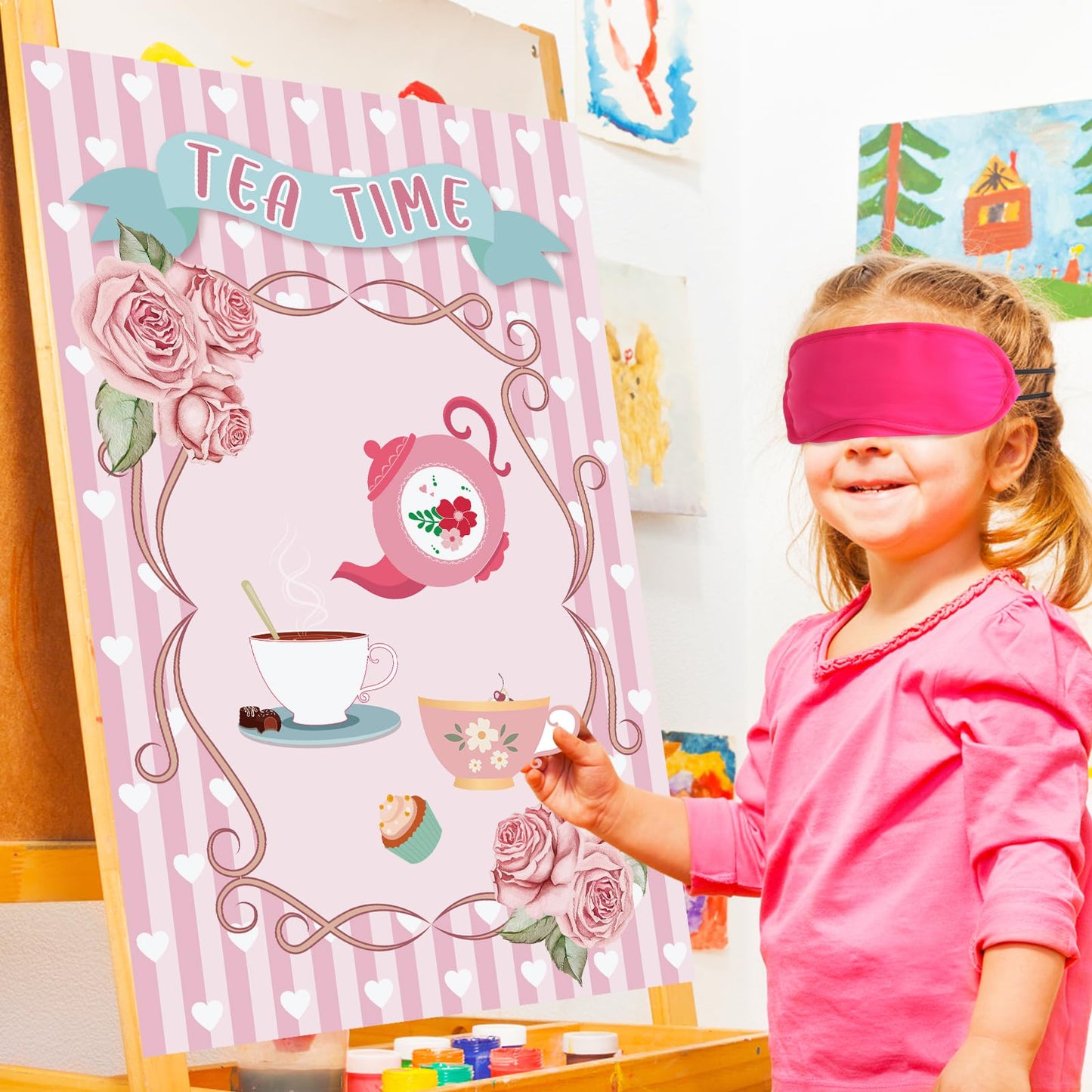 Hooqict Tea Party Games Pin The Tea Cup On The Saucer, Large Tea Party Decorations Poster With 24 Tea Cup Stickers For Girls Birthday Party Games Women Tea Party Favors Supplies