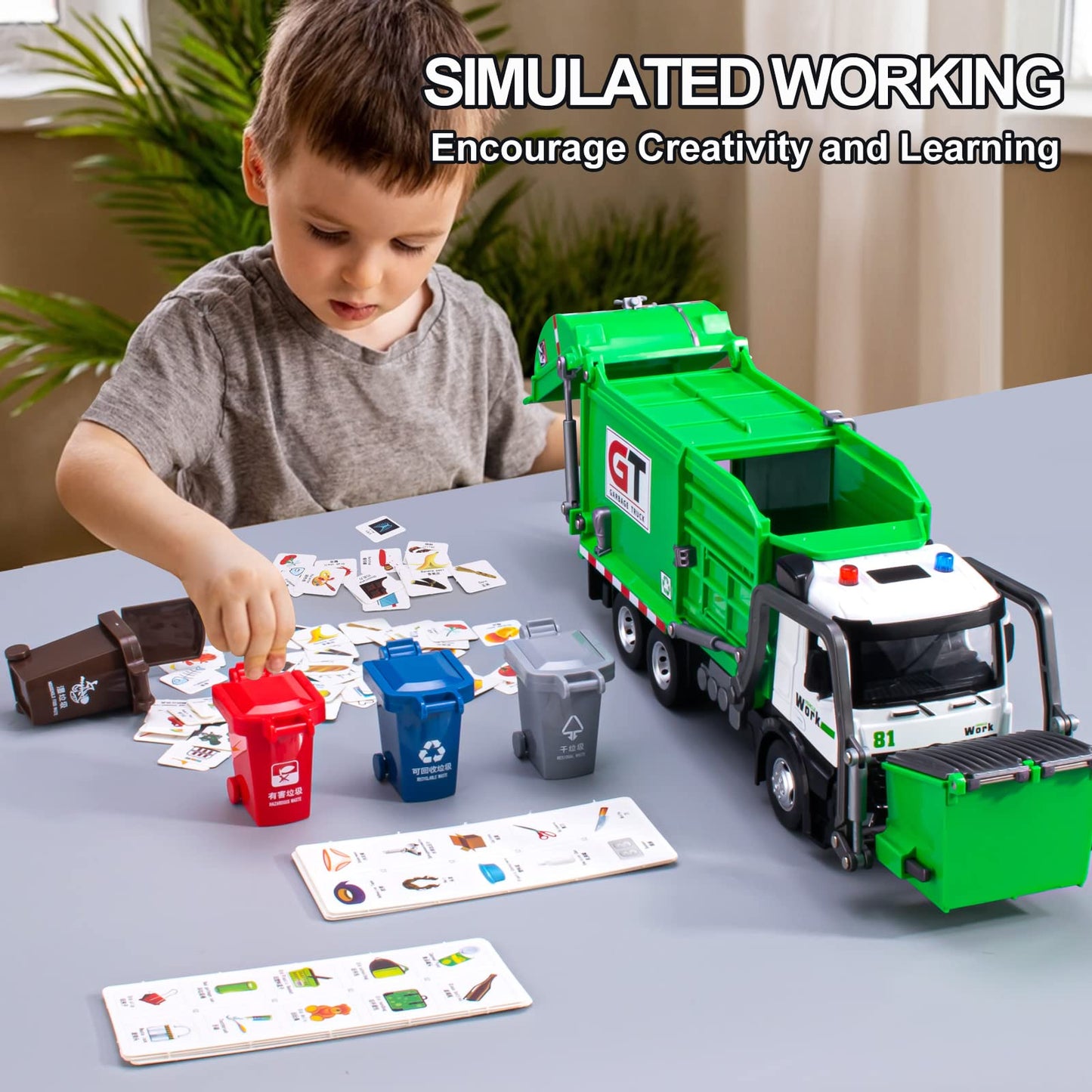 Garbage Truck Toys Metal Cab, Realistic Trash Truck Toys for Boys with Lights and Sounds, Friction Powered Recycling Truck for K