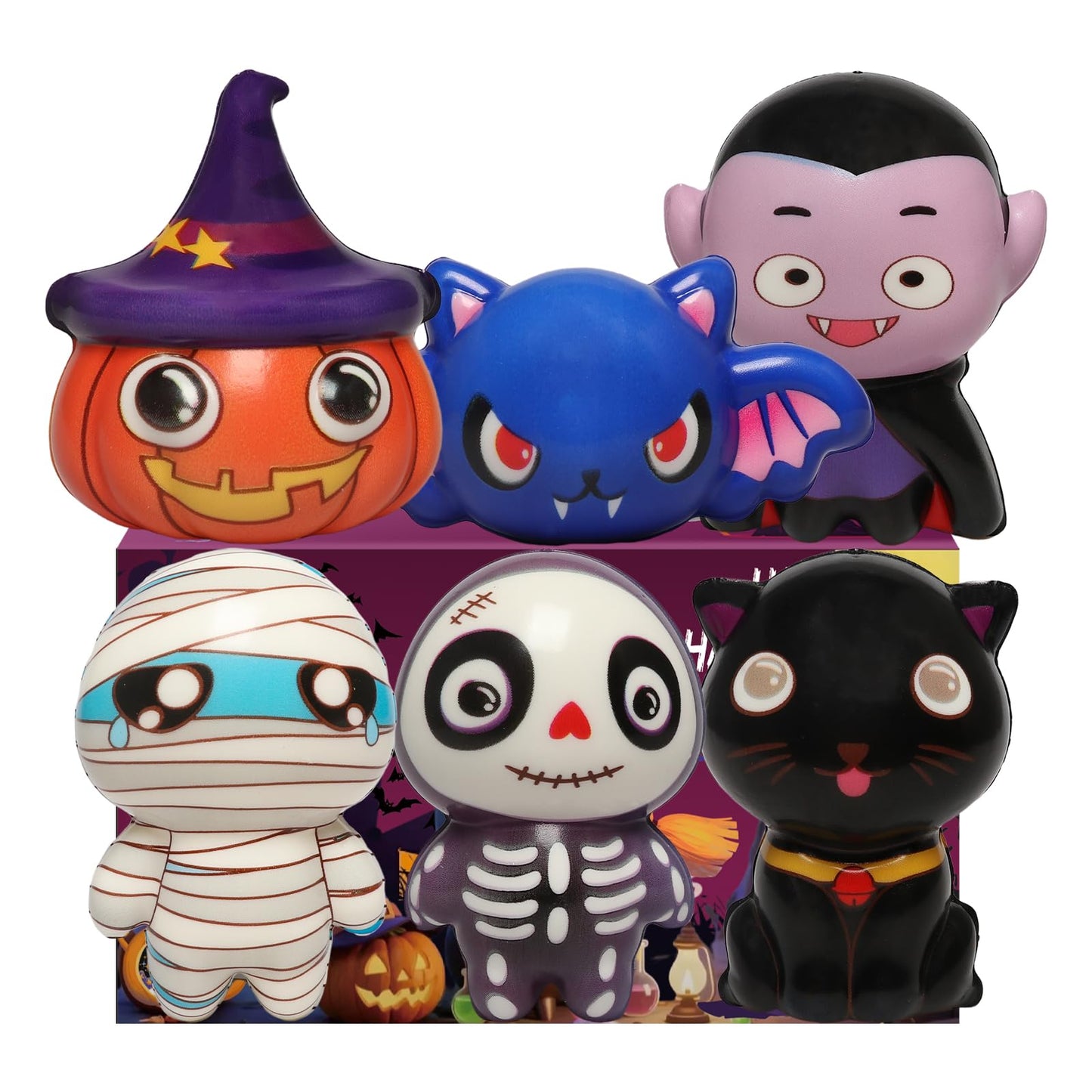 FauKait New 6 Packs-Halloween Squishies Toys Slow Rising, Gift Box Includes Pumpkin, Vampire,Black Cat,Mummy,Human Skeleton, Bat