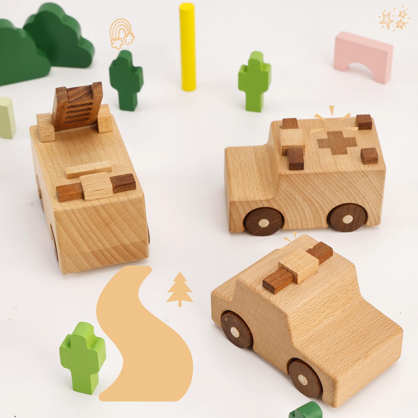 MONT PLEASANT Wooden Emergency Vehicle Toy Set of 3 Toddler Montessori Toys Ambulance Fire Truck Police Car Toys with Rolling Wheels Kid Wooden Toy Vehicle Learning Educational Gift for Boys & Girls