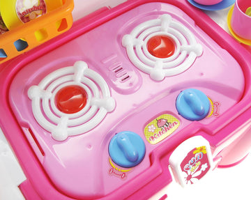 2-in-1 Folding Kitchen Cooking Set - Pretend Kitchen Playset w/Lighted Stove, Pots, Utensils, Vegetable & Play Foods - Lights an