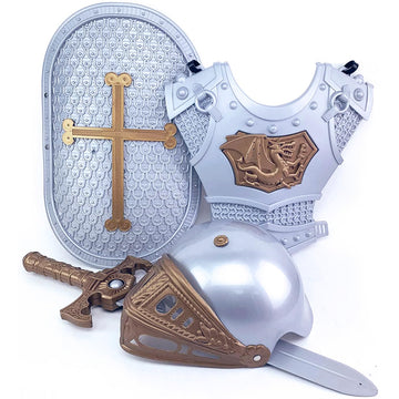 Medieval Knight in Shining protective covering Kids Crusader Pretend Role Play Plastic Costume Dress Up Cosplay with Toy decorative replica blades Axe Shield & Accessories Playset
