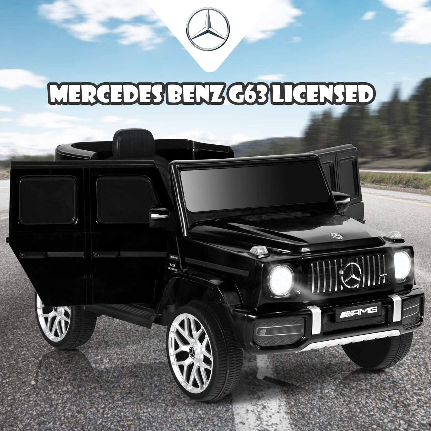 Olakids 12V Kids Ride On Car, Licensed Mercedes Benz G63 Electric Vehicle With Remote Control, Double Open Doors, Music, Bluetooth, 2 Speeds, Wheels Suspension, Battery Powered Driving Toy (Black)