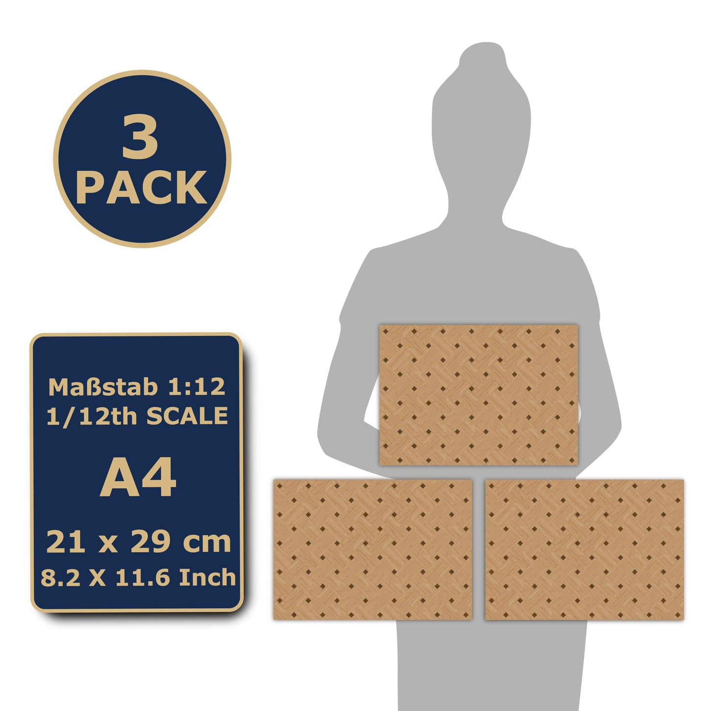 Texturkontor 3 Sheets Self-Adhesive Dollhouse Flooring 1:12 Scale (Basket Weave Parquet)