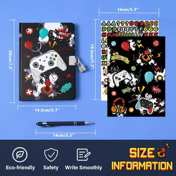 Wernnsai Kids Diary Set For Boys Game Journal Kit - Kids Luminous Journal With Lock And Keys, Boys Game Diary, Video Game A5 Lined Writing Notebook, Birthday Christmas Gift Set With Pen And Stickers