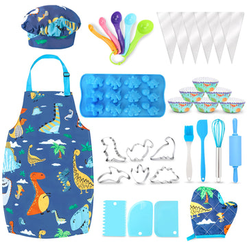 Aoskie Kids Baking Set with Dinosaur Apron and Chef Hat, Cooking Chef Set Baking Supplies Dress Up Role Play Toys Gift for 3-8 Y