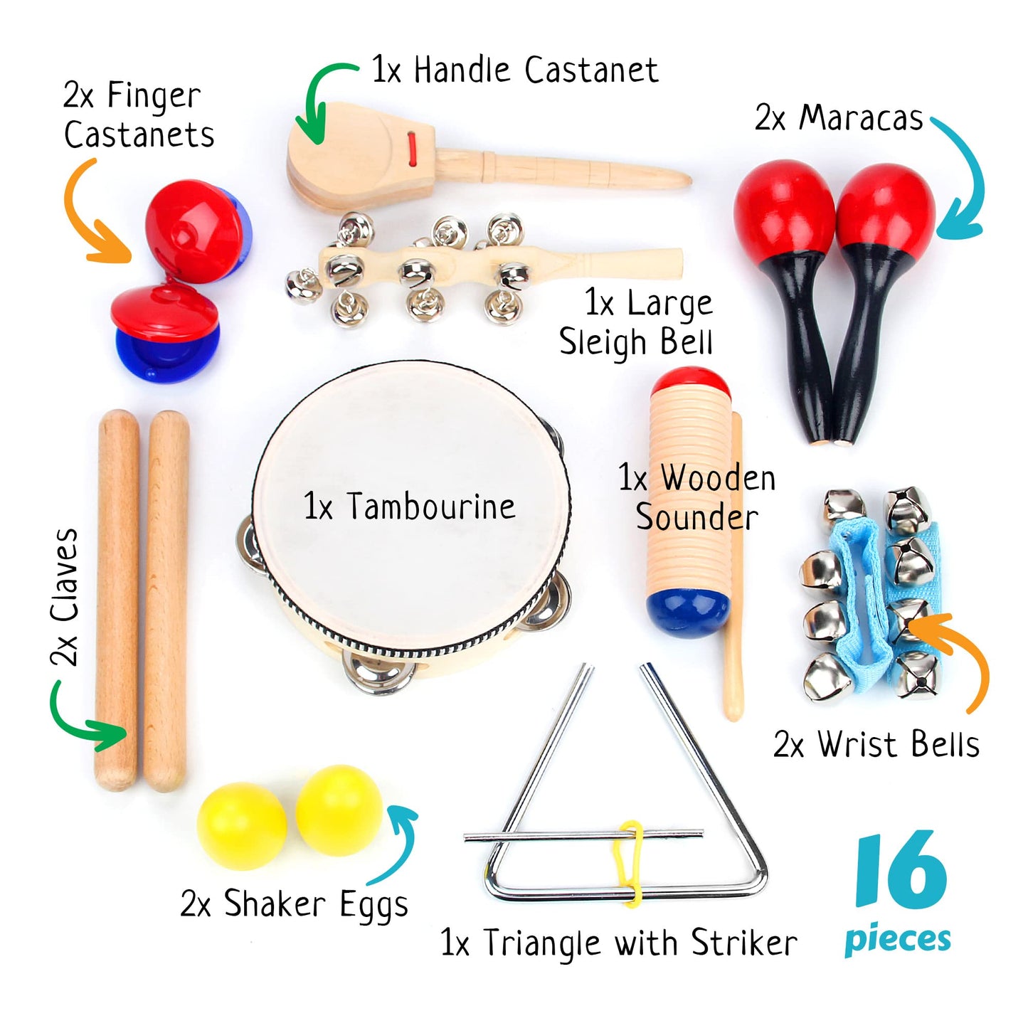 Boxiki Kids Musical Instruments Set Of 16 Pcs - Toddler Educational & Musical Percussion For Kids - With Tambourine, Maracas & C