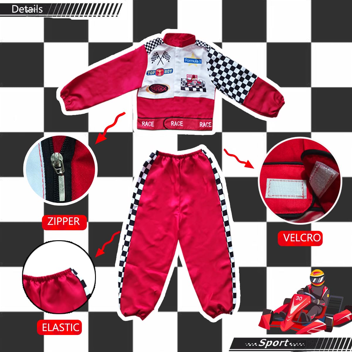 Aroacle Race Car Driver Costume Boys Racing Suit With Car Cap Sunglasses Kids Racer Dress Up For Halloween (Red, 4-5T)