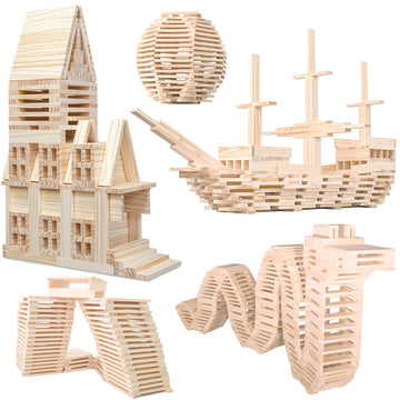 Nitoy Wooden Plank Building Blocks 200Pcs Sensory Toy For Kids, Montessori Stem Playset With Natural Pine Wood Creative Shapes For Educational Preschool Learning 3D Space Stacking Games For Boys Girls