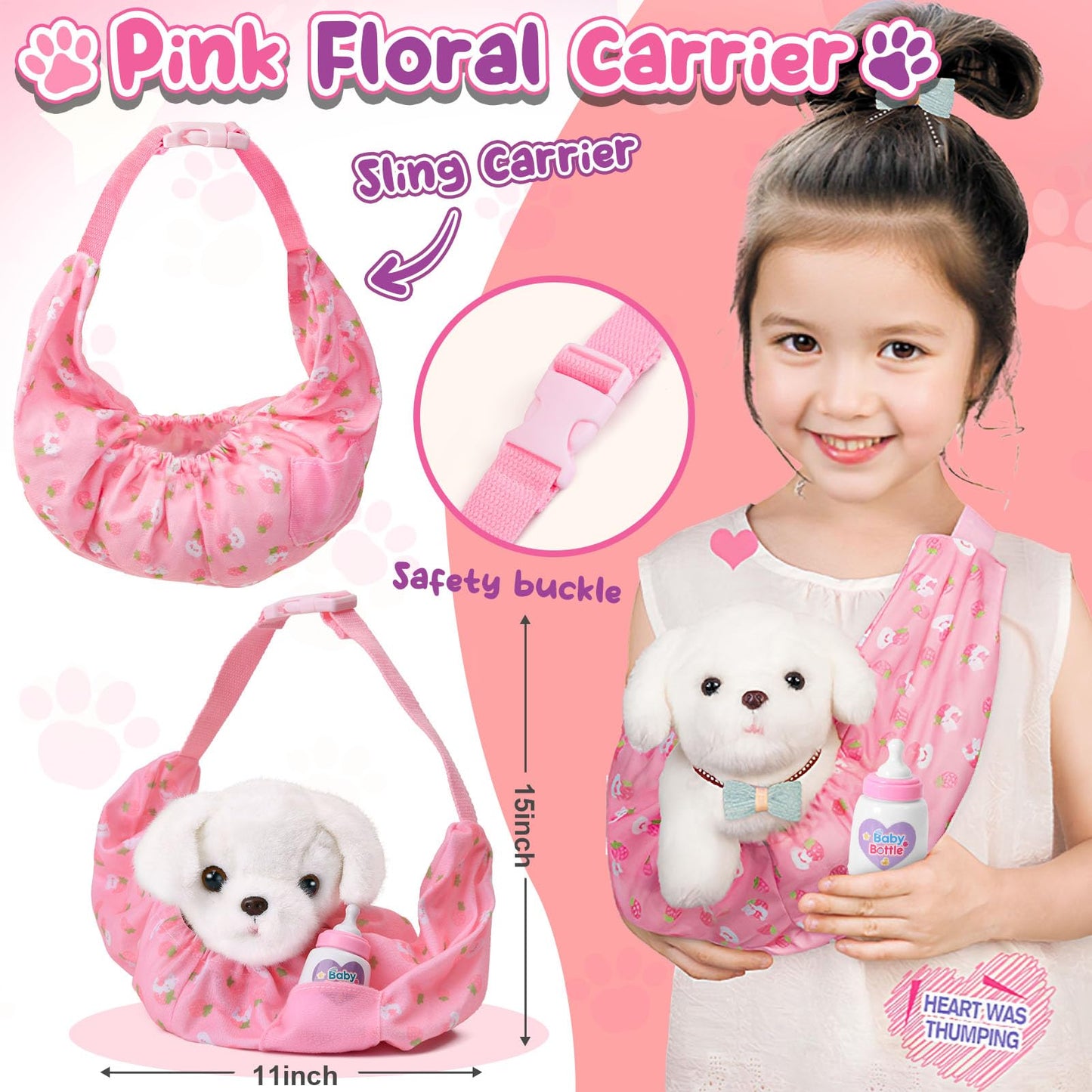 Golray Toy Dog for Kids Girls, Stuffed Dog with Heart Beat & Skeleton Transform, Sling Carrier & Toddler Girl Toy Kid Plush Pupp