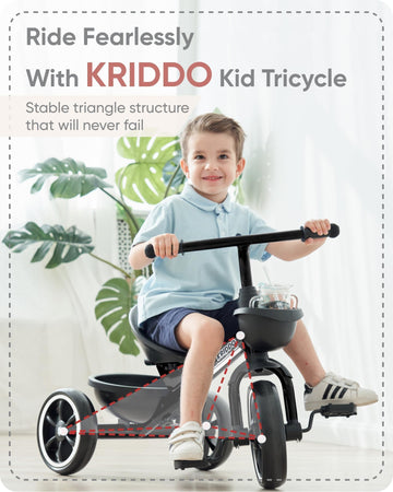 KRIDDO Kids Tricycle, Large Carbon Steel, Black, for Ages 2-4, Model TC003-Black