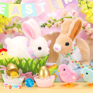 Tagitary Plush Easter Bunny Toys For Kids,Hopping Interactive Rabbit With Leash,Golden Egg,And Wind Up Toys,That Making Sounds,W
