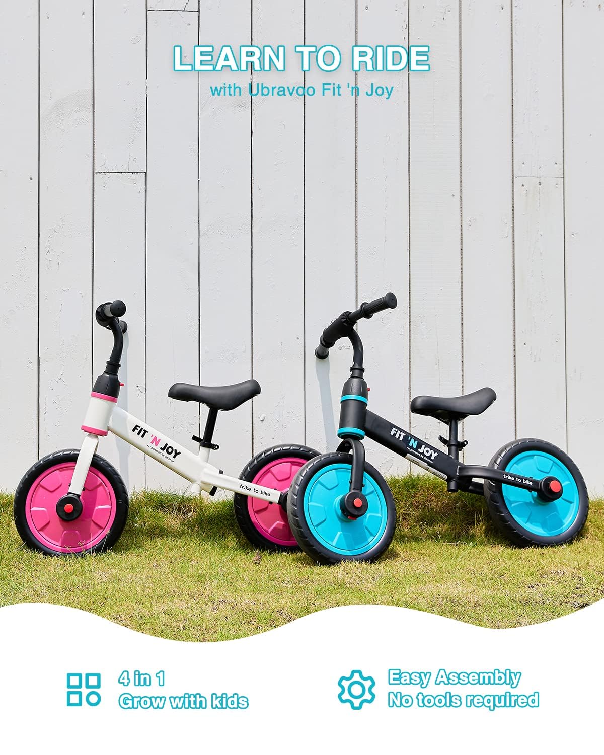 Ubravoo Trike To Bike Riding Tricycles For Boys Girls 2-5, Fit 'N Joy Kids Balance Bike With Pedals & Training Wheels Options, 4-In-1 Starter Toddler Training Bicycle (Blue-Black)