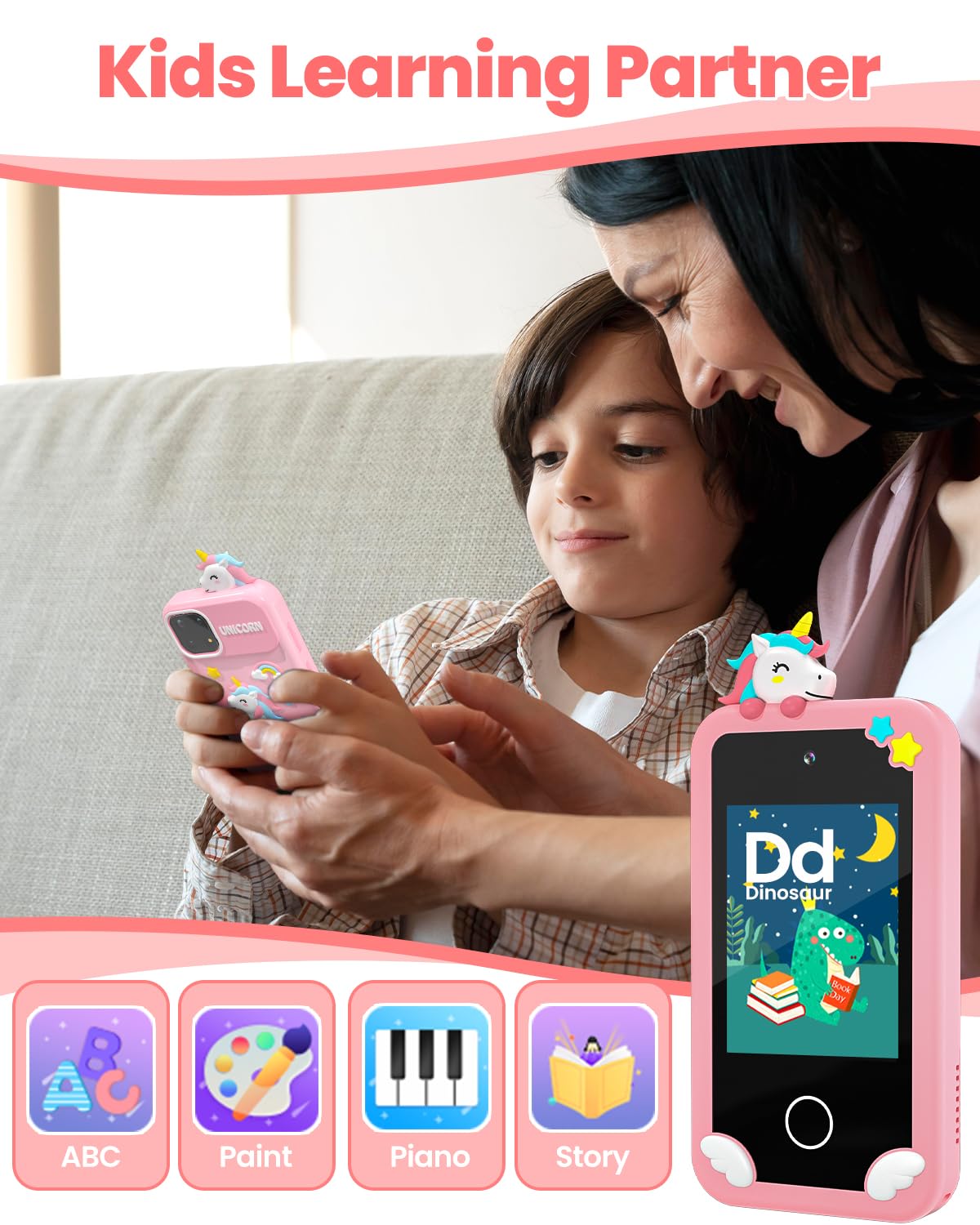 Kids Smart Phone for Girls with Holographic Pyramid, 32G Card Christmas Birthday Gifts for Age 3-10 Kids Toys Cell Phone, 2.8''