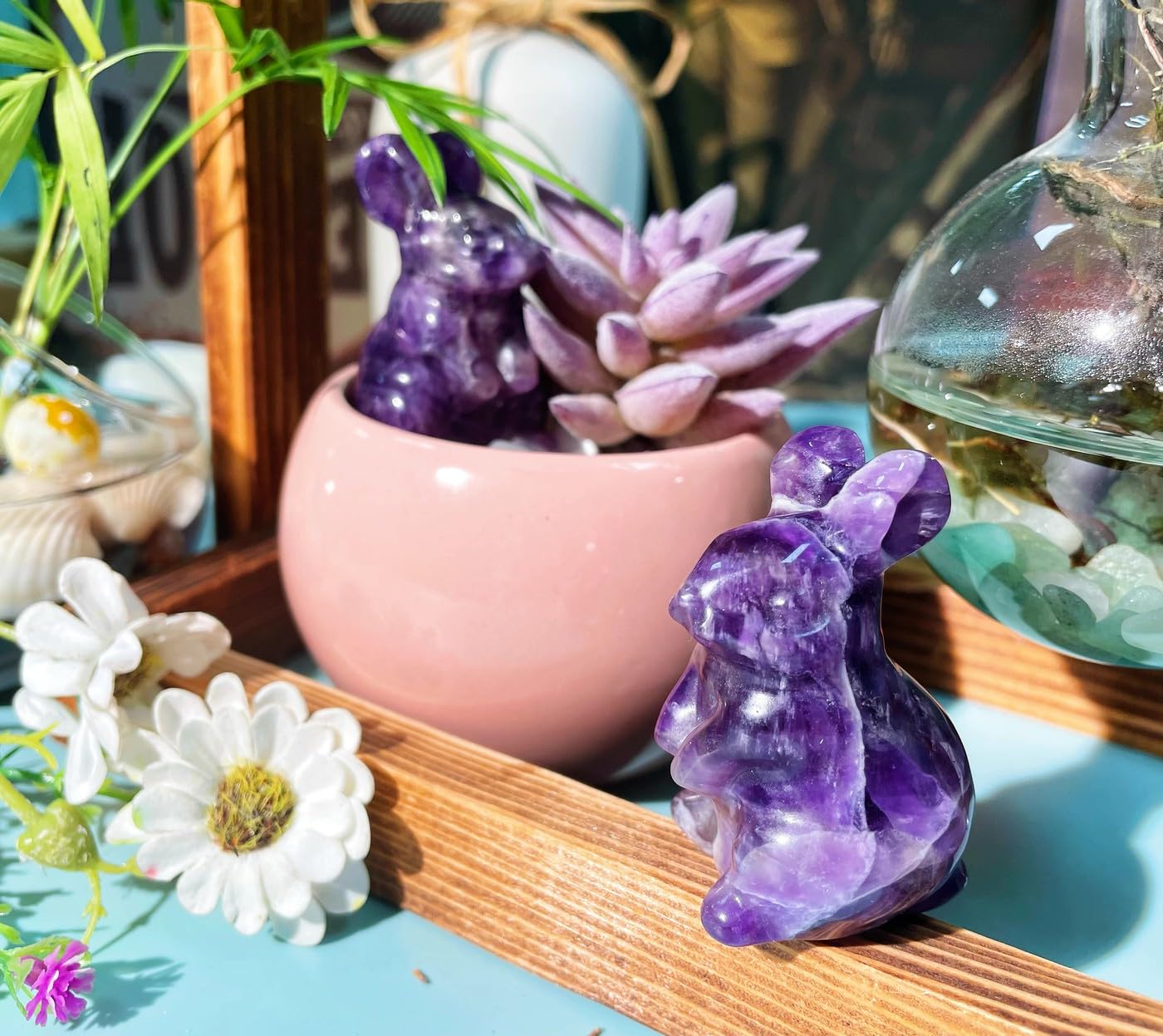 Duqguho Bunny Decor Easter Rabbit Decor Crystals Easter Decoration Bunny Statue Pocket Polished Natural Gemstone Amethyst Crysta