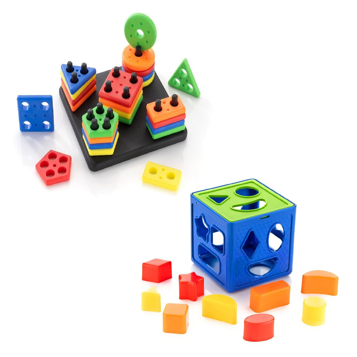 Toy Dekho Buy 1 Get 1 Combo (Plastic Shape Sorter Cube Block 9 Pcs Toy + Square Shape Stacker Puzzle Game) Multicolor Baby Activ