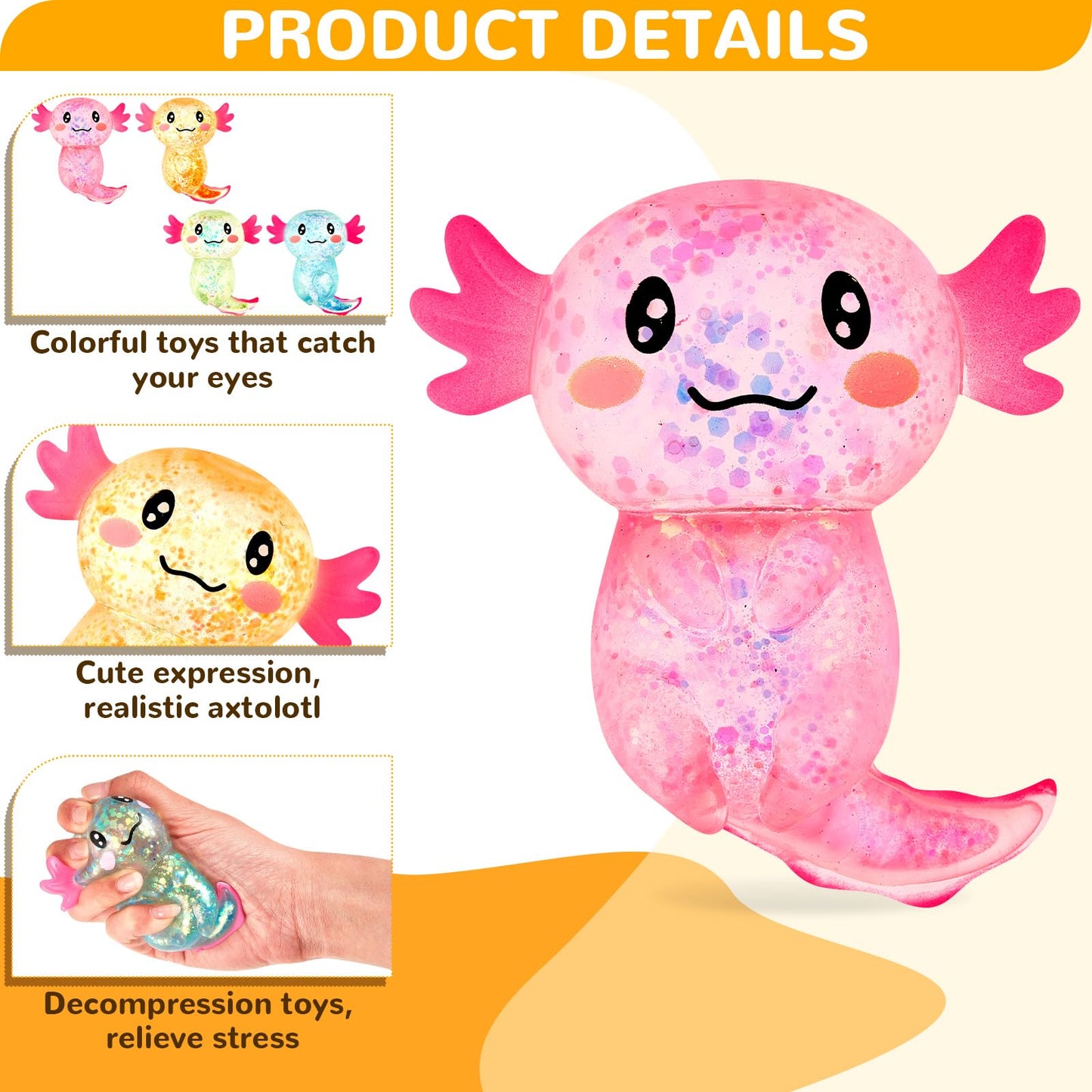 Simgoing Sensory Fidget Stress Relief Axolotl Squeeze 3.94 X 3.15 Inches Cute Malt Sugar Filled Stretchy Axolotl Fun Squeeze For Adults Soothing Birthday Party Gift, 4 Styles(6 Pcs,Glitter)