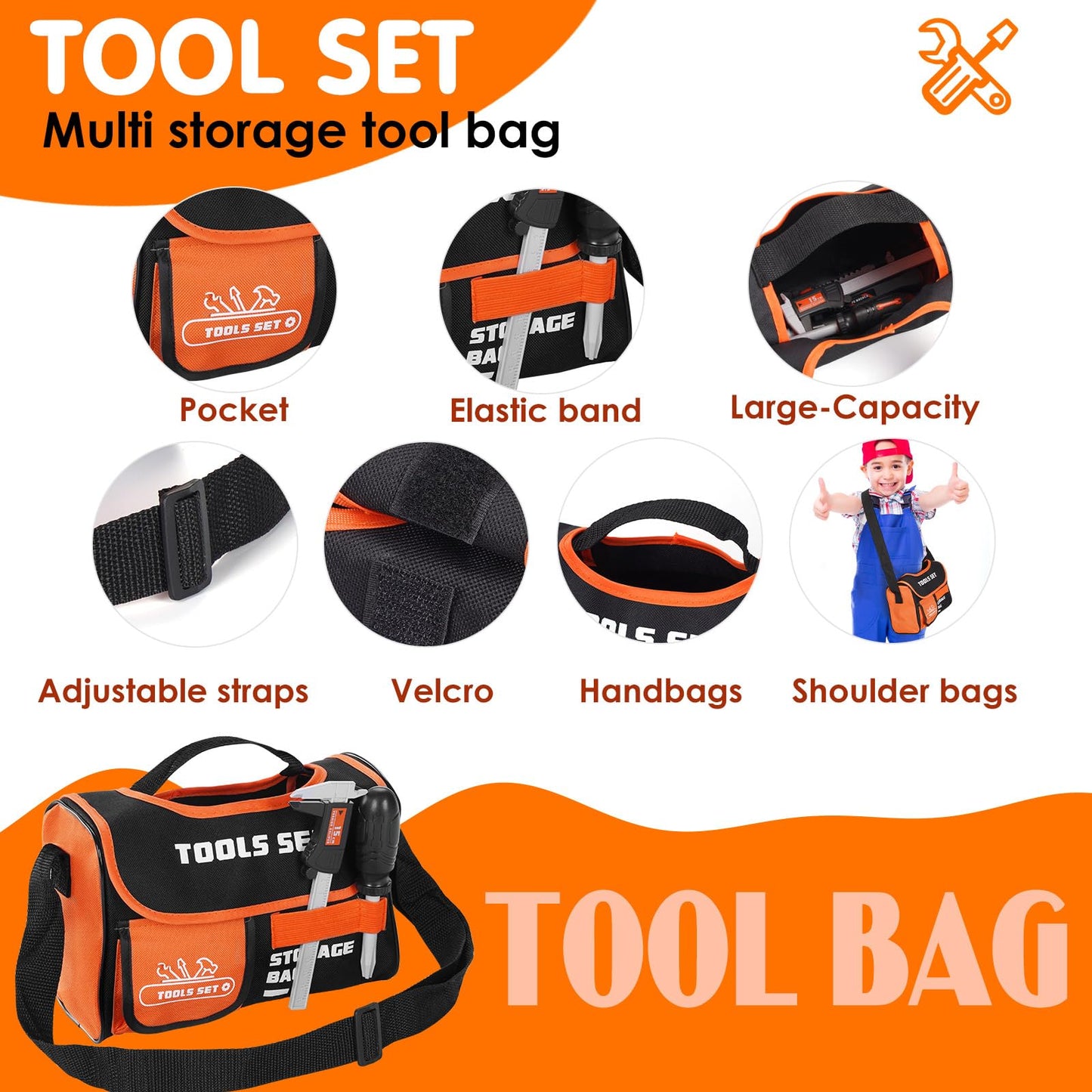 Kids Tool Set- 48PCS Toddler Tool Set Toys with Electronic Toy Drill, Tool Bag&Tool Belt&Tape Measure, Pretend Play Kids Constru