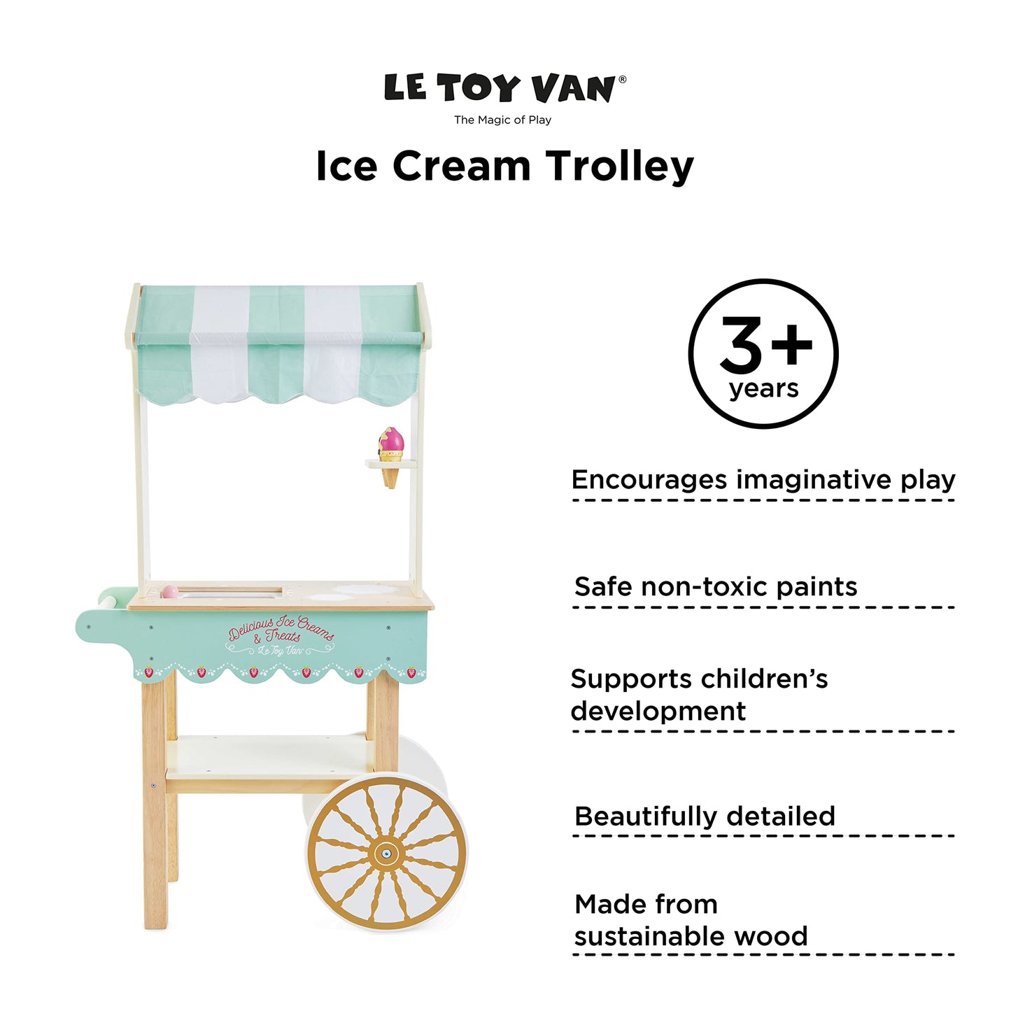 Le Toy Van - Educational Wooden Toy Role Play Ice Cream Trolley | Boys Or Girls Pretend Play Toy Food Playset - for Ages 3+