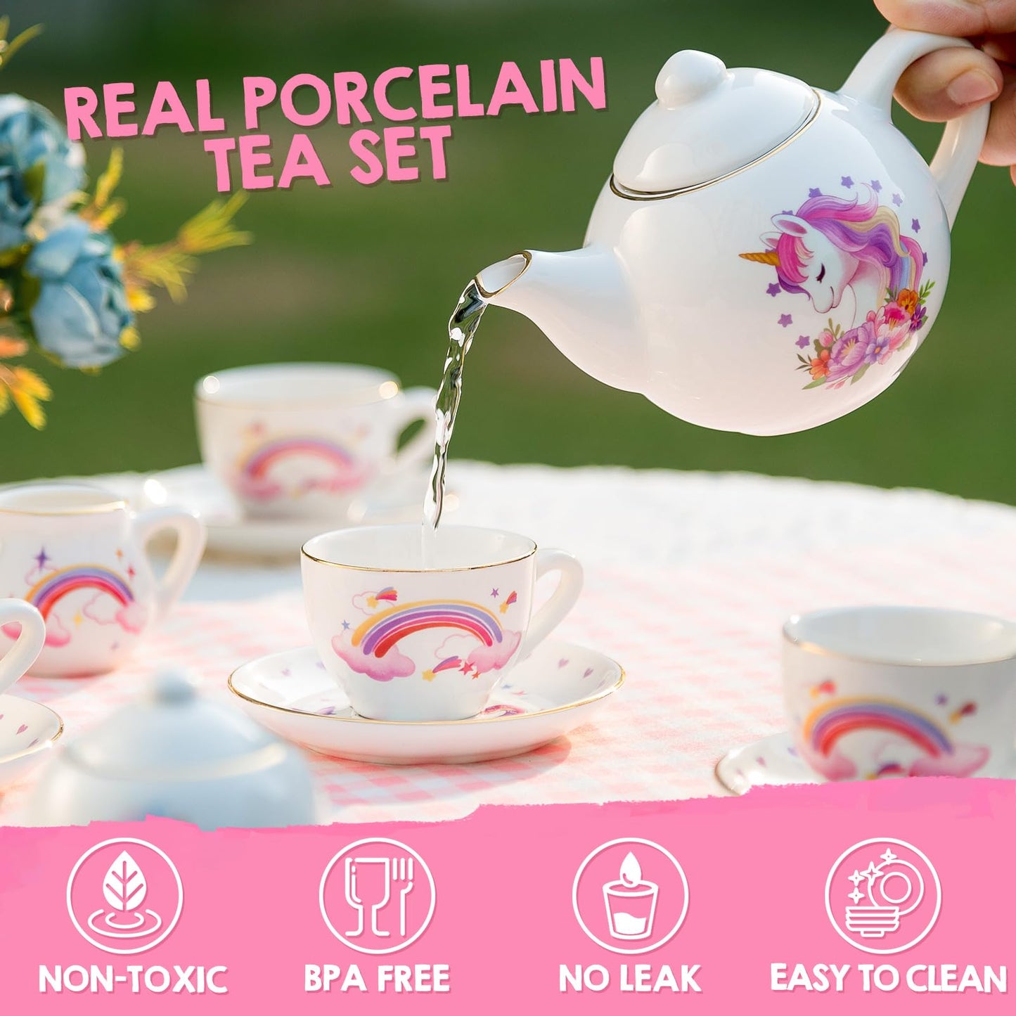 Tacobear Porcelain Tea Set for Girls Toys Unicorn Gift, 13pcs Tea Party Set with Teapot & Cup & Saucer & Suitcase, Kid Kitchen P