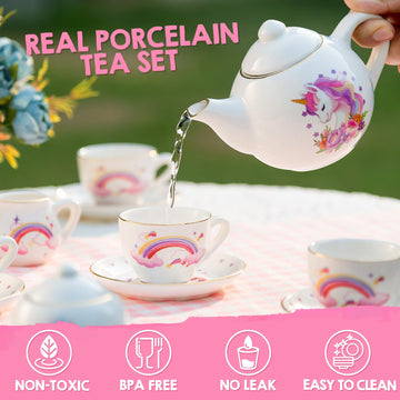 Tacobear Porcelain Tea Set for Girls Toys Unicorn Gift, 13pcs Tea Party Set with Teapot & Cup & Saucer & Suitcase, Kid Kitchen P