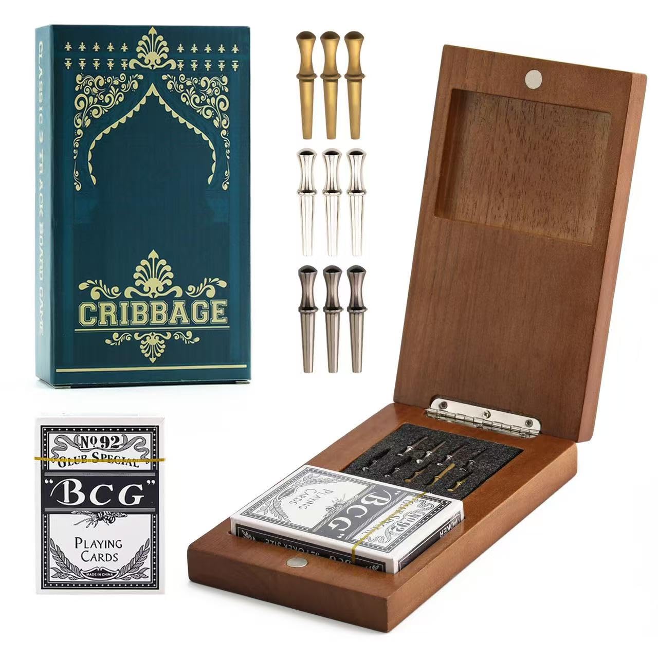 Wooden Cribbage Board Game Set, Travel Cribbage Board With Storage And Collapsible, With Magnetic Lock / 9 Metal Pegs/Full Deck