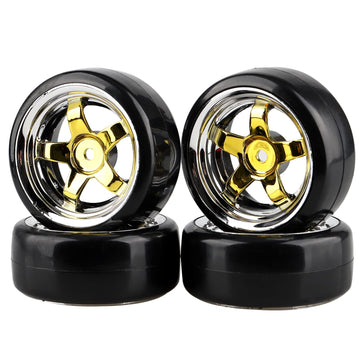 Shaluoman Plating 5-Spoke 12mm Hub Wheel Rims with Hard Plastic Tires for RC 1:10 Drift Car Gold