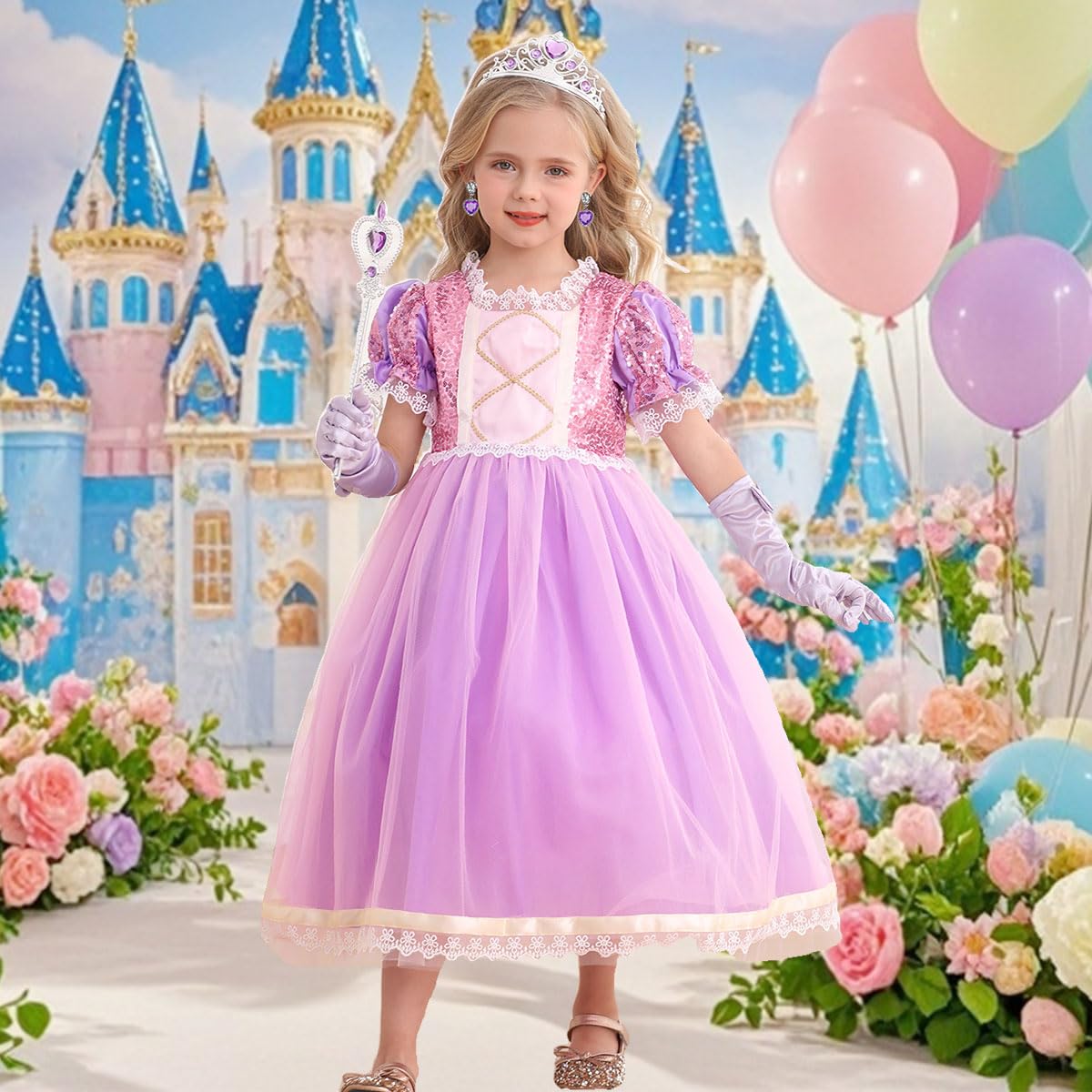 Itvti Girls Rapunzel Costume Kids Dress Up Purple Clothes For Birthday Halloween Cosplay, Purple, 4-5 Years(Tag 120)