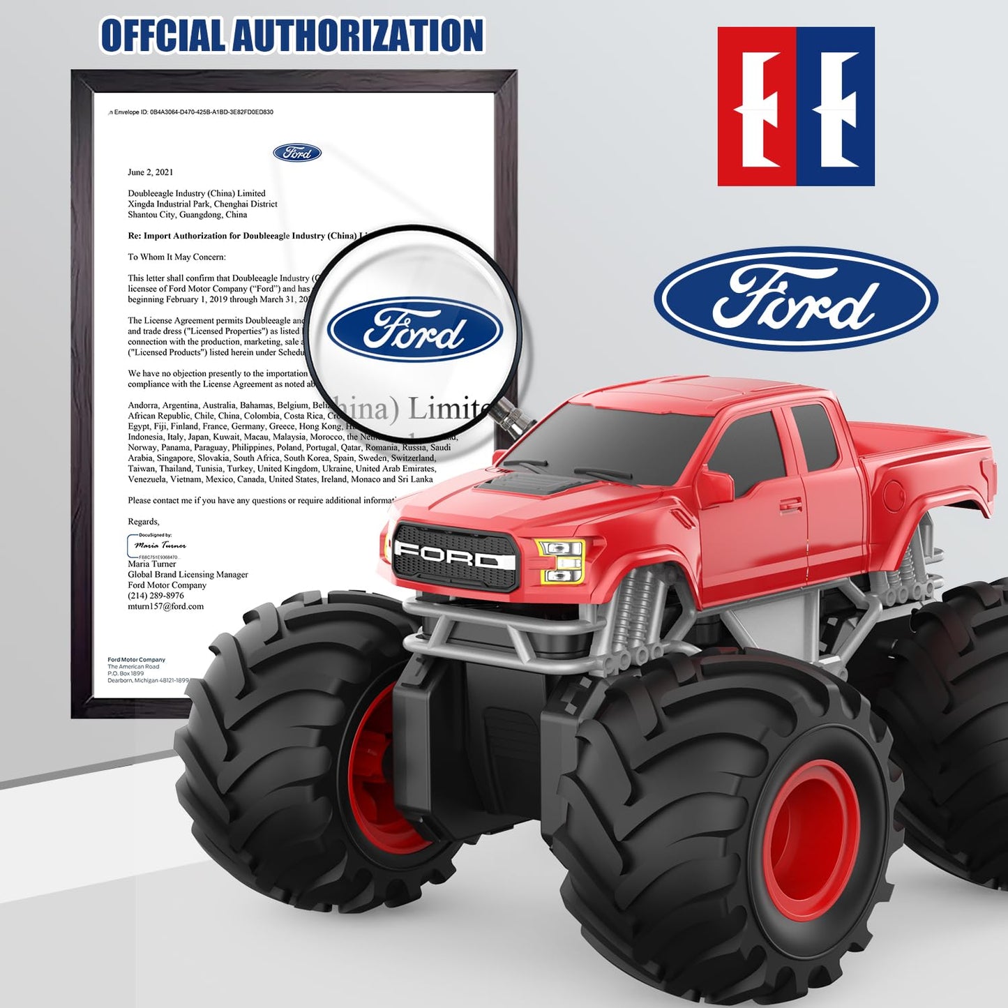 DOUBLE E Ford Amphibious RC Monster Trucks Waterproof Remote Control Car 4WD All Terrain Car for Kids 4-12,2.4Ghz RC Cars Pool T
