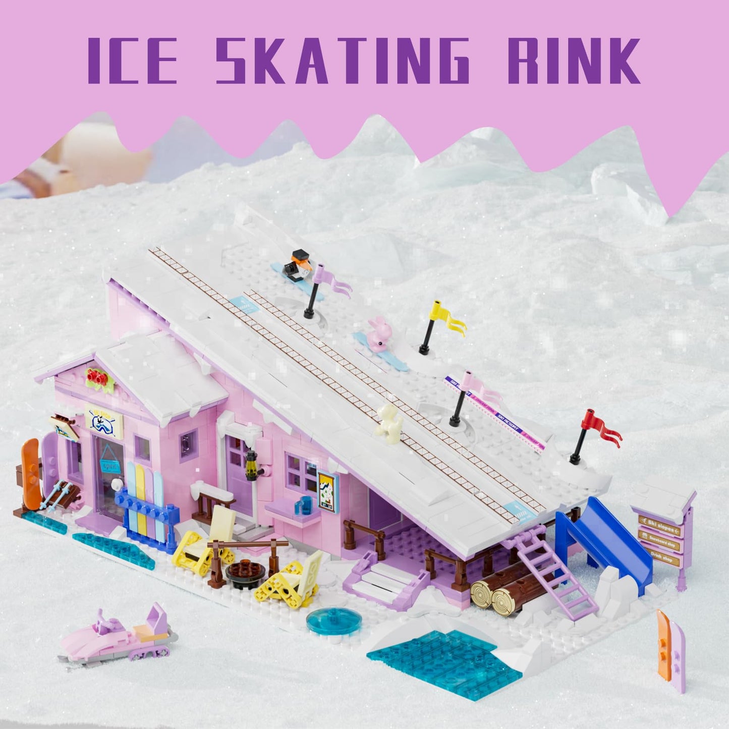 Pink Girls Ski Resort Winter Village House Building Set Compatible With Lego Friends Snow Cabin Collection, Construction Educational Toy For Kids Age 8-12 And Up 1042 Pcs