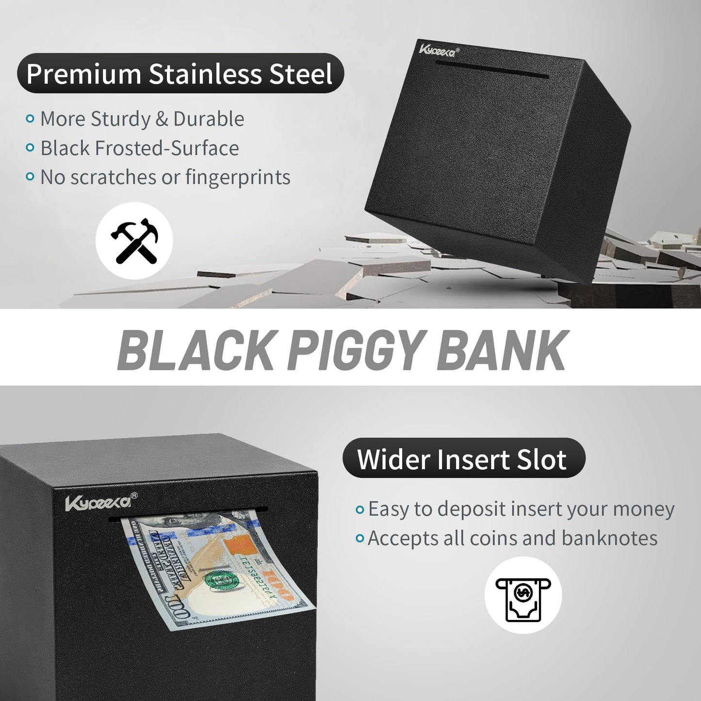 Adults Piggy Bank Must Break To Open, Unbreakable Stainless Steel Piggy Bank For Adults, Metal Savings Box For Cash Saving (Blac