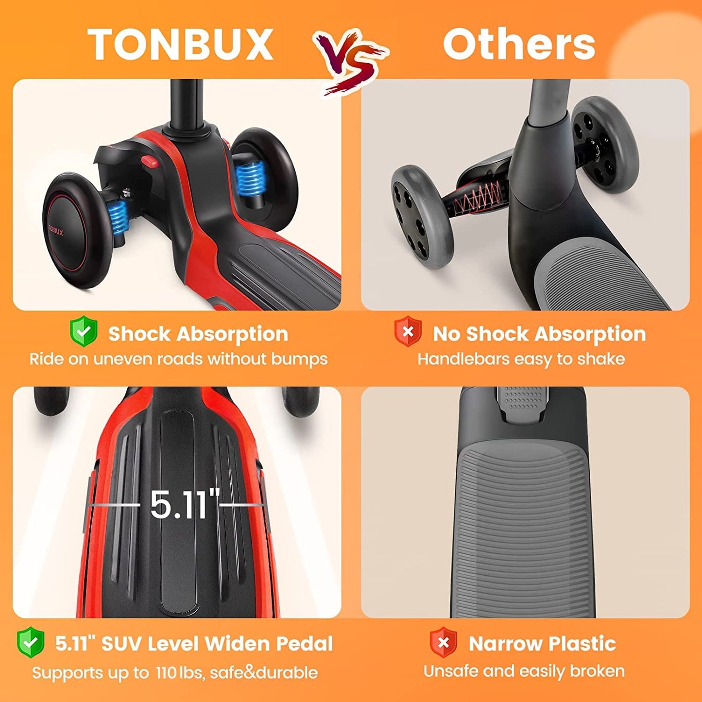 Tonbux Kids Scooter For Age 3-12, Toddler Scooter With 4 Adjustable Heights, Light Up 3-Wheels Scooter, Shock Absorption Design, Lean To Steer, Balance Training Scooter For Kids - Red