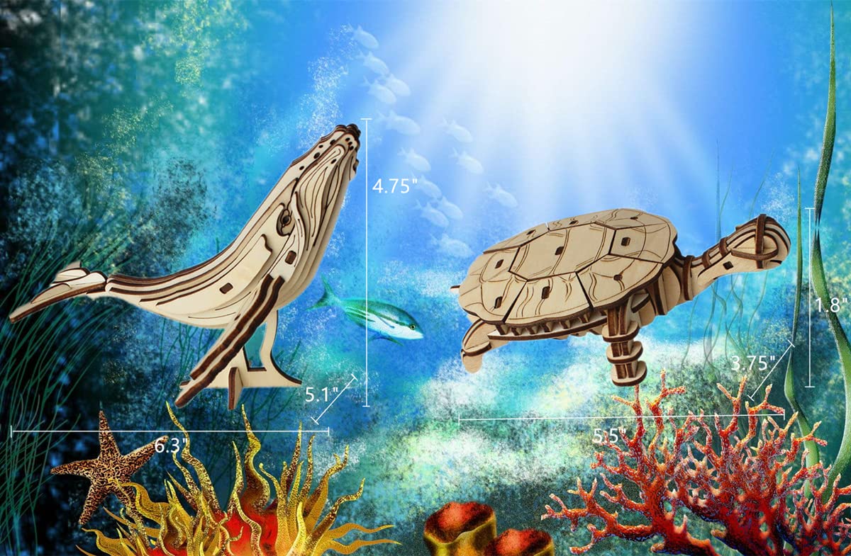 3D Wooden Sea Animal Puzzle - 6 Piece Set Wood Sea Animals Skeleton Assembly Model Kits - Wooden Crafts Diy Brain Teaser Puzzle - Stem Toys Gifts For Kids And Adults Teens Boys Girls