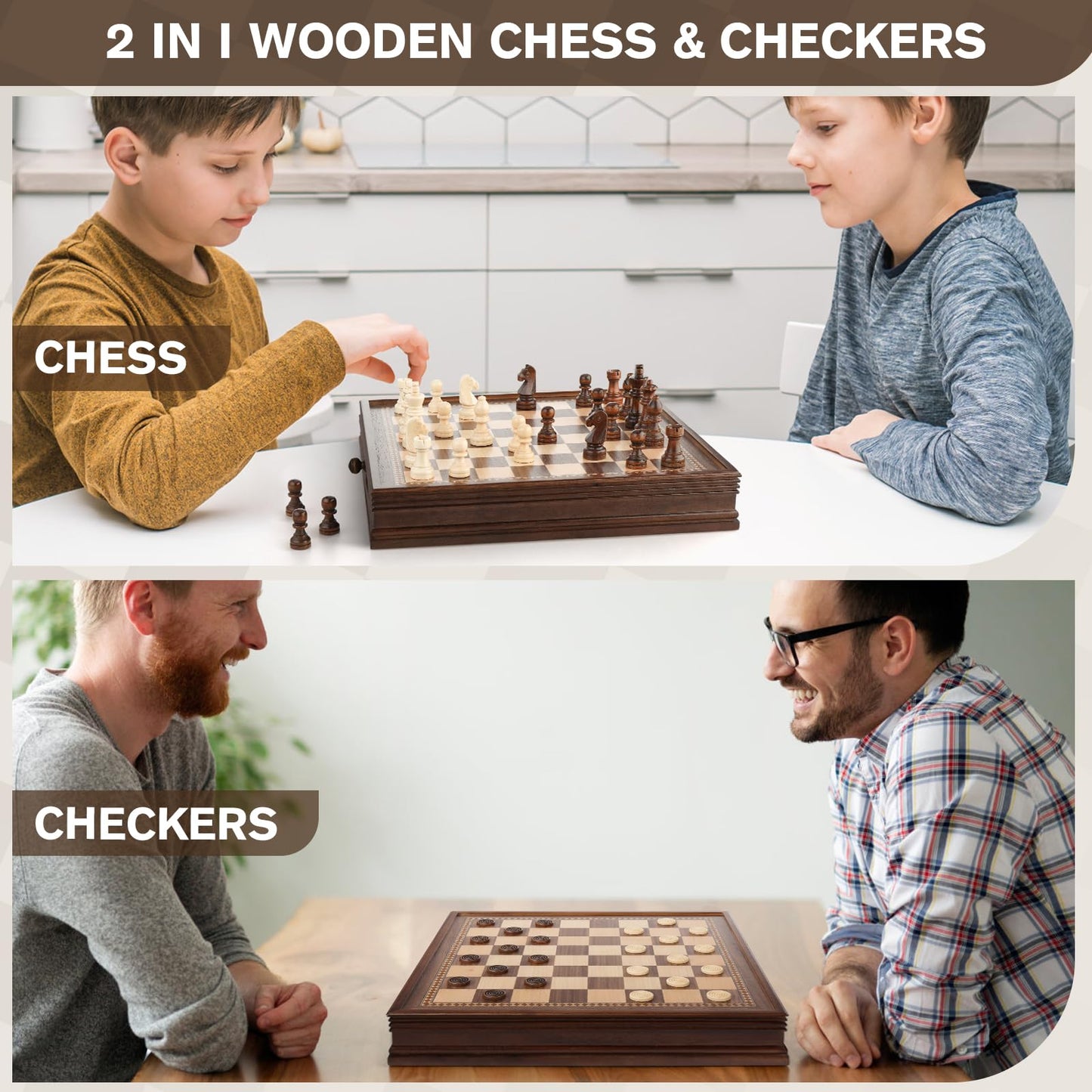 Peradix Magnetic Chess Checkers Board Set, 12.8" Wooden Game with 2 Drawers, Walnut Color, Includes Extra Queens, Model PUZ-34