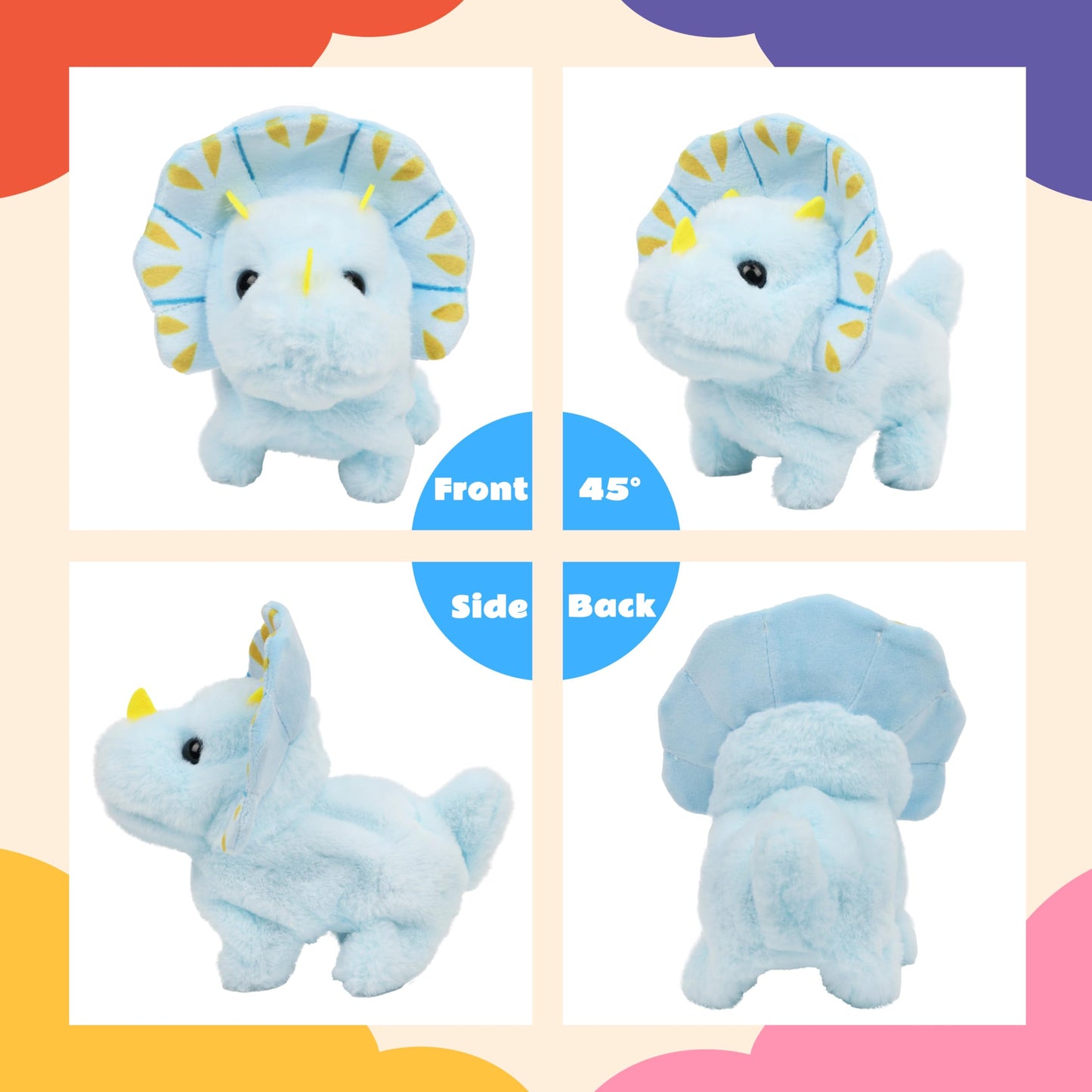 Cuteoy Walking Blue Dinosaur Stuffed Animal Talking Wagging Nodding Educational Plush Triceratop Toy Electric Interactive Animated Plushies For Girls Boys Birthday