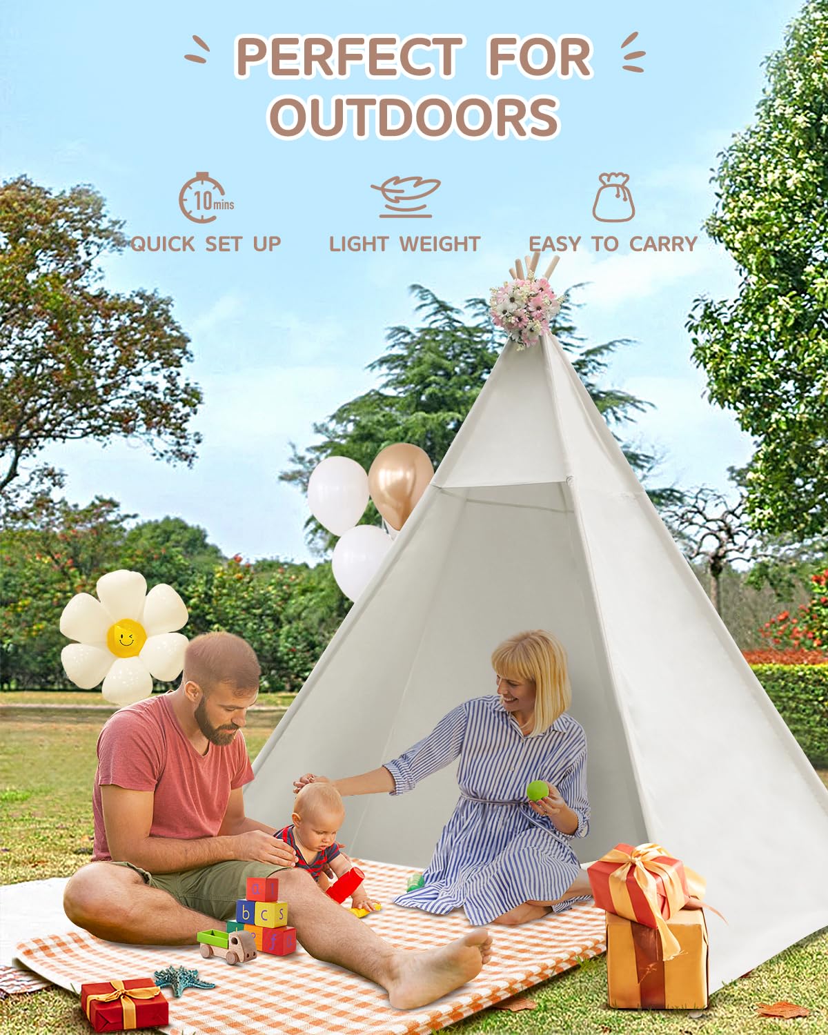 86'' H Larger Teepee Play, Huge Foldable Indoor With Star Light, Large Tall Outdoor Canvas for Adults, 5 Sides Wide Open Front W