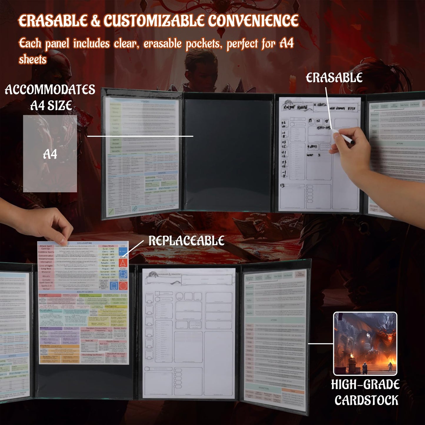CZYY 4-Panel DM Screen - Black Cardboard Game Master Shield with Erasable Pockets for RPG & Dungeon Masters, Small Size, Style A
