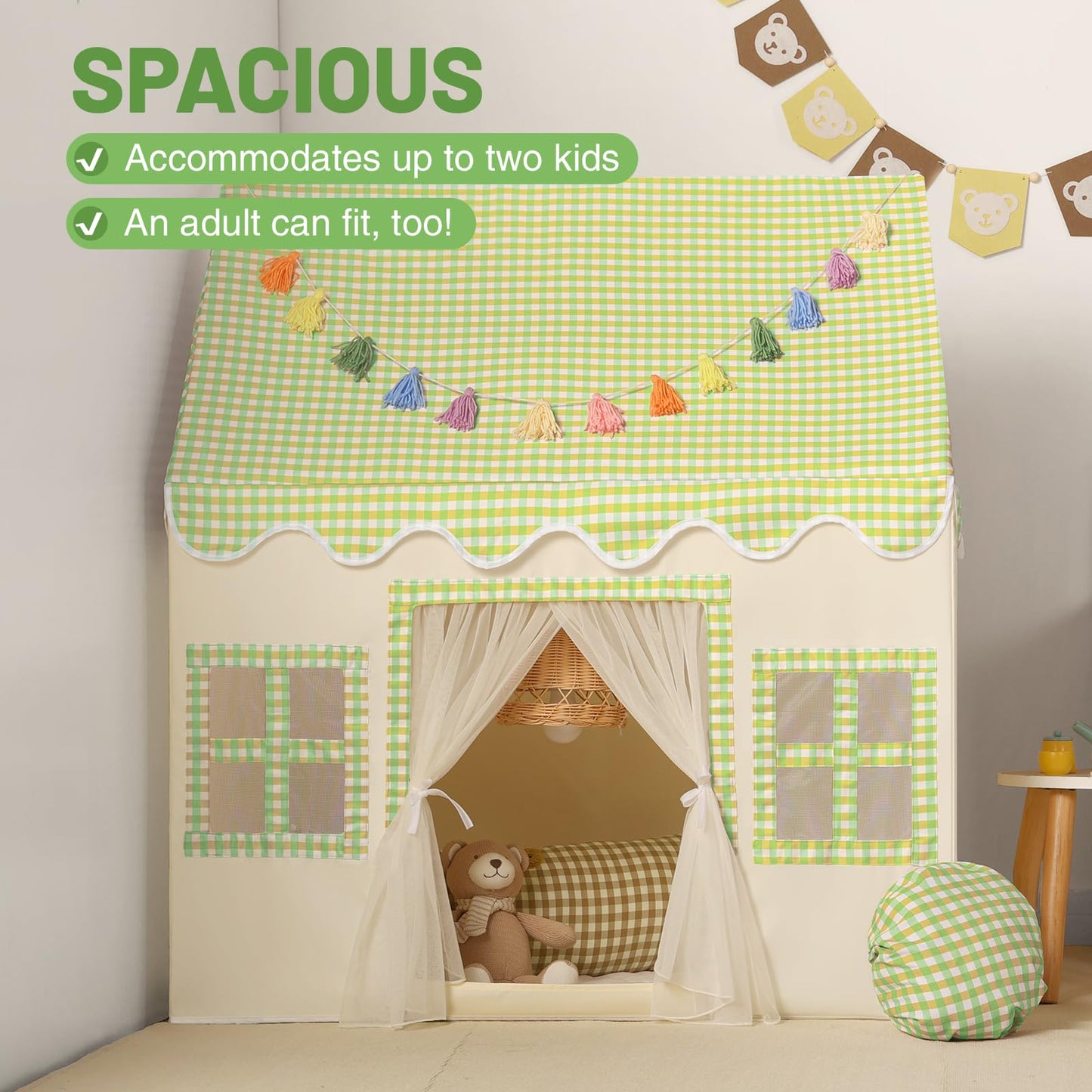 Senodeer Kids Play Tent Indoor: With Mat, Tassel Garland, Star Lights - Green Checkered Boys Tent Playhouse For Toddlers Kids To