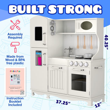 Play Kitchen - Wooden Kitchen Playset for Toddlers & Big Kids - Mini Pretend Toy Kitchenette for Boys & Girls - Vintage Phone, R