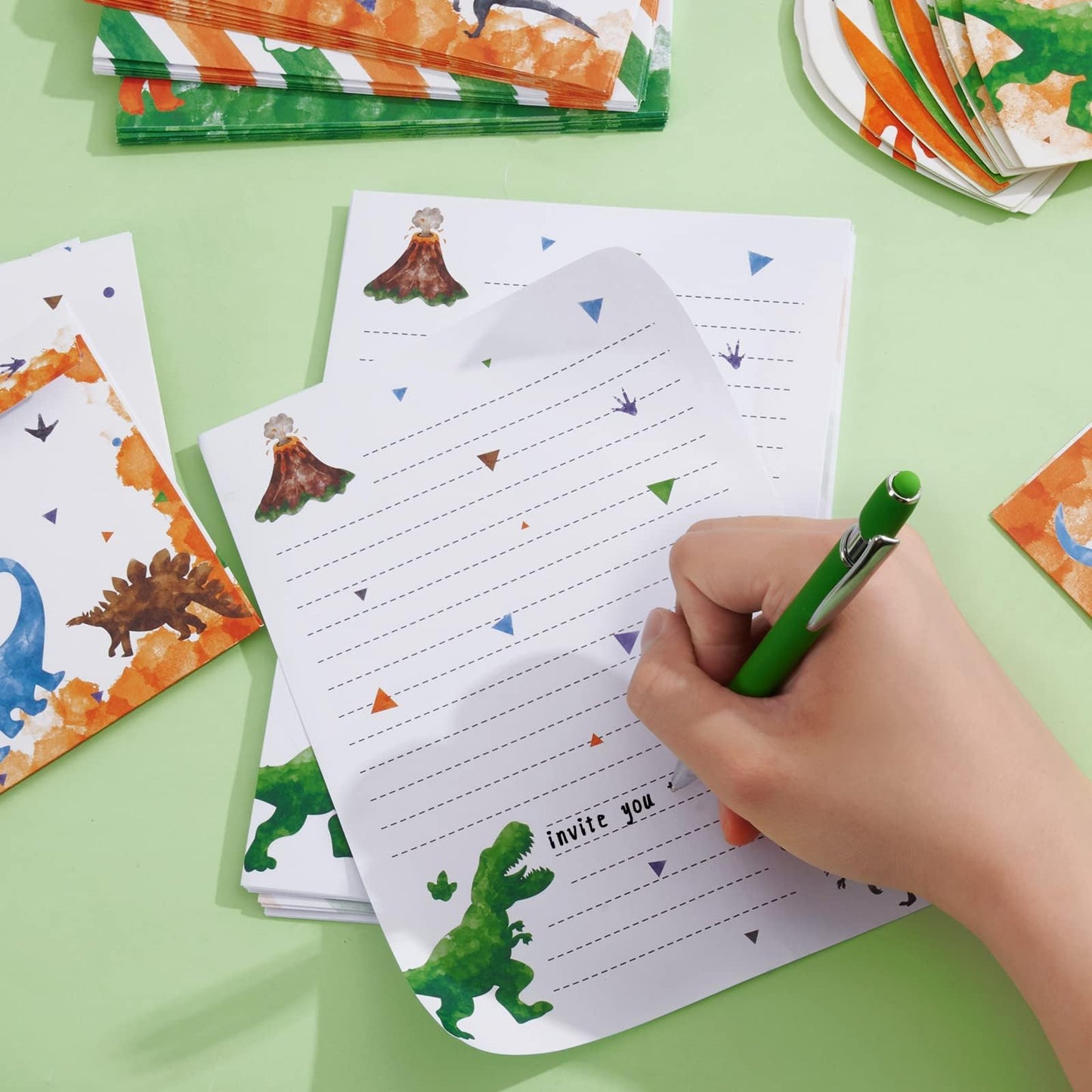 Watercolor Dinosaur Stationery Set - 69 Pcs Paper Letter Writing Set For Kids Boys Christmas Birthday Gifts Stationery Writing Sheets With Envelopes Greeting Cards Stickers Ballpoint Pen