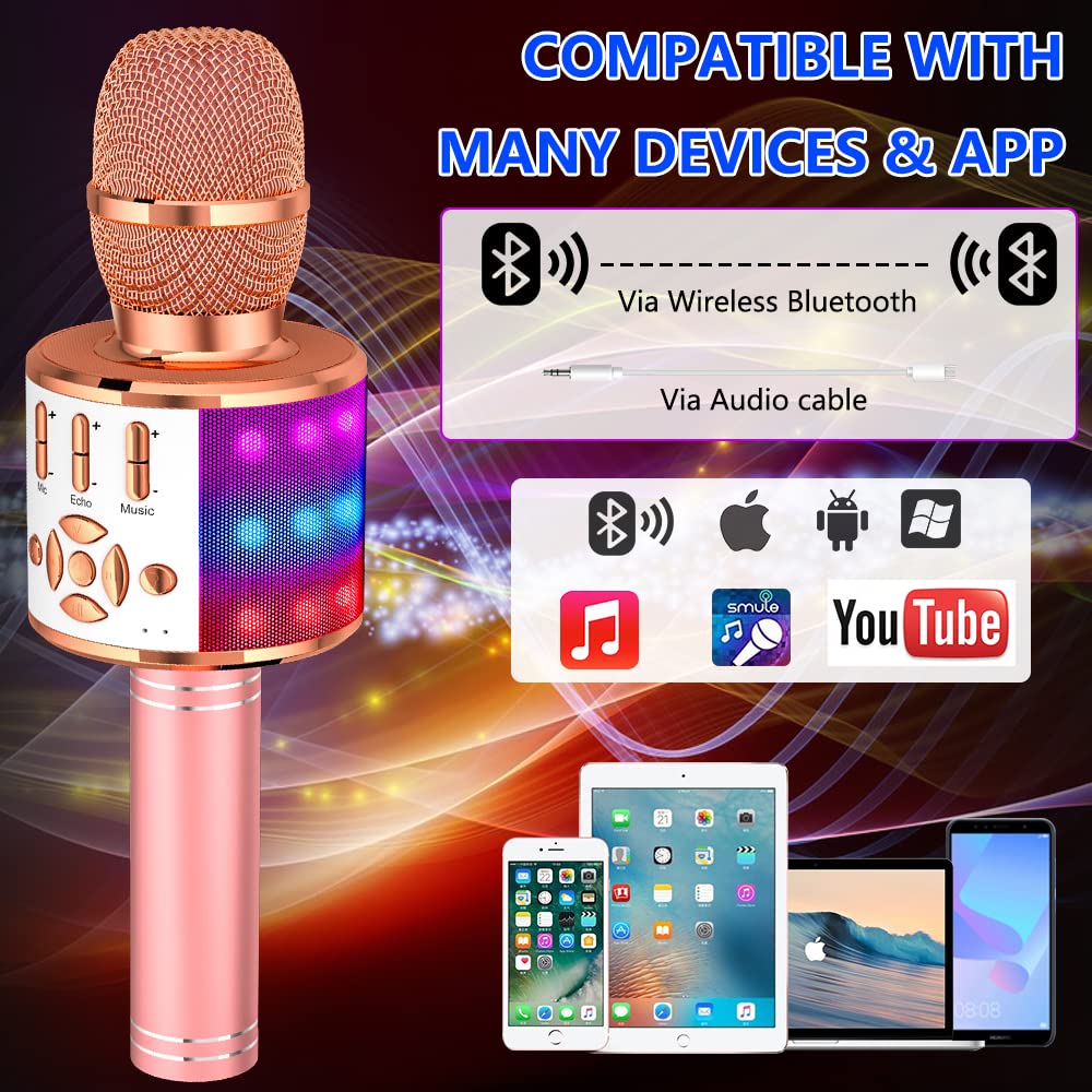 Amazmic Karaoke Microphone For Adults, Wireless Bluetooth Microphone For Singing Portable Karaoke Machine Handheld With Led Lights, Gift For Kids Adults Birthday Party, Home Ktv(Rose Gold)