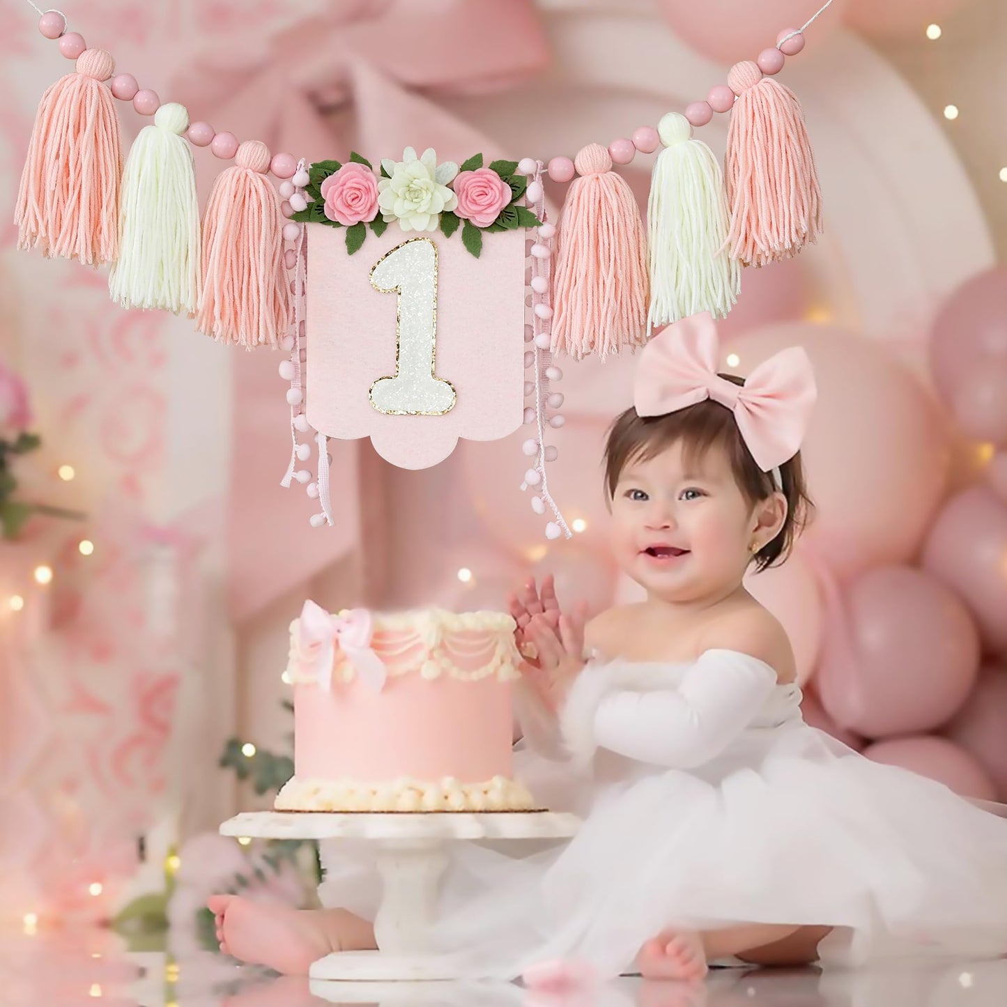 HODIHIWI Handmade Wildflower 1st Birthday HighChair Banner Pink White Party Decoration For Girls Wall Hangings Decorative