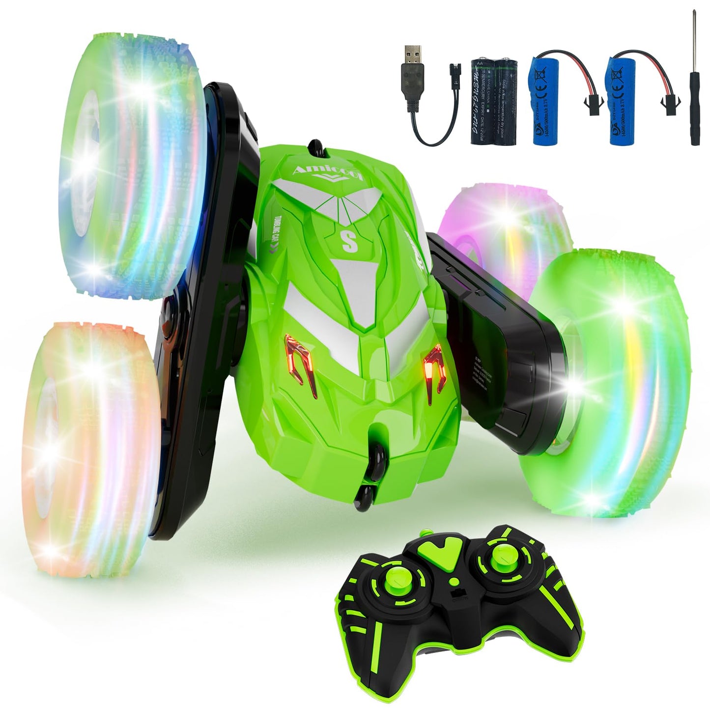 Amicool Remote Control Car for Boy 6-12 with Flashing Light, 6 7 8 9 Years Old Boy Toys, Race RC Cars Stunt Drift 4WD 2.4Ghz Dou