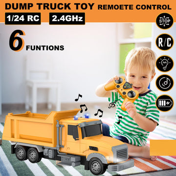 CALEST Remote Control Construction Dump Truck Toy RC Vehicle,6 Channel Truck Toys with 2 Rechargeable Batteries,1/24 Scale Dump