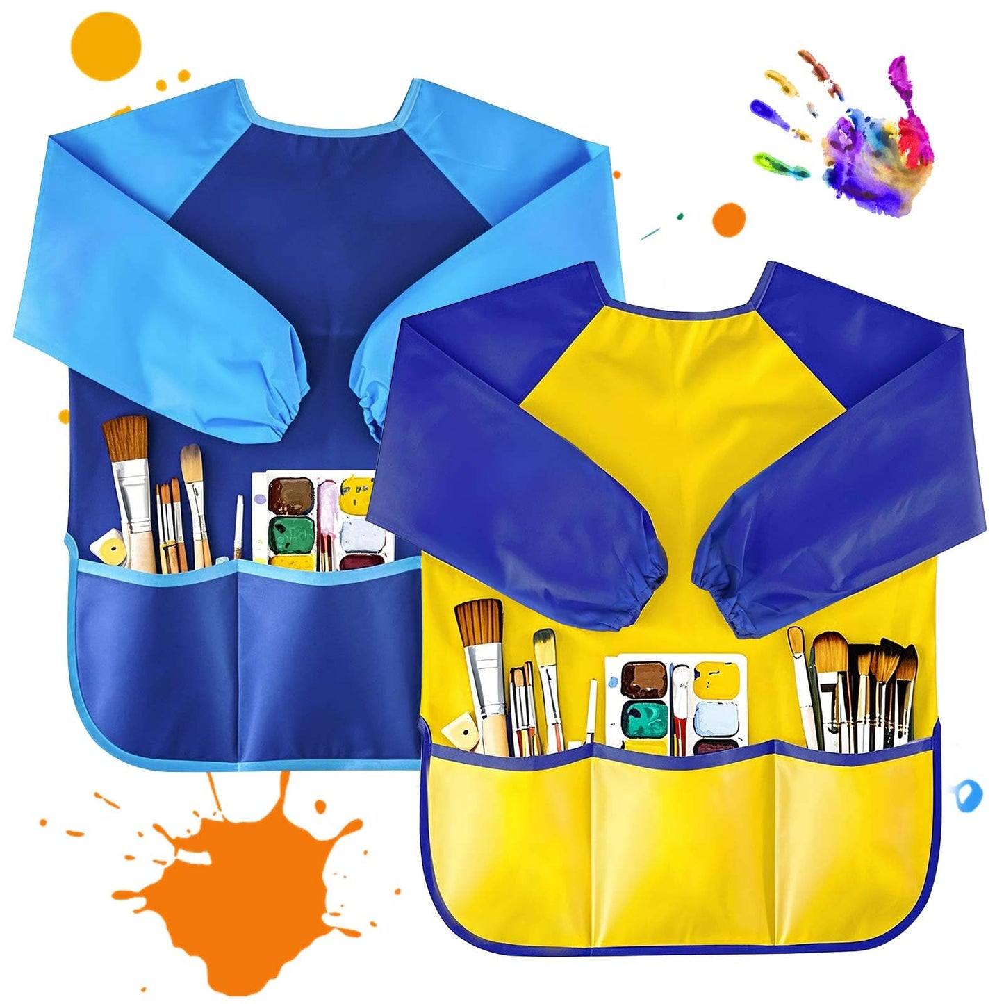Tskcos Kids Toddlers Art Smock 2 Pack, Waterproof Kids Painting Apron with Long Sleeve & Pockets, Children Artist Smock for Kids