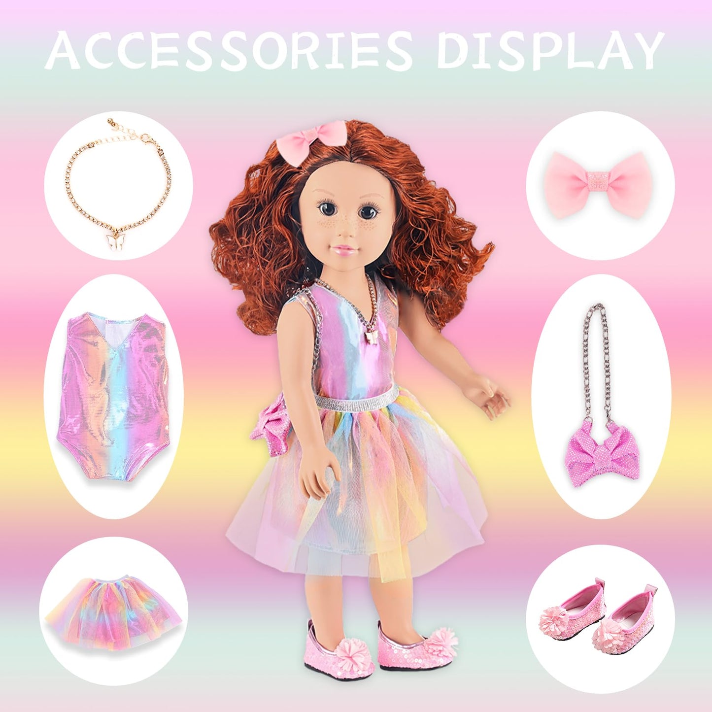 Zita Element 18 Inch American Doll With Doll Clothes And Accessories Including 18 Inch Doll Rainbow Dress Bow Bag Shoes Hairpin Necklace For Kids