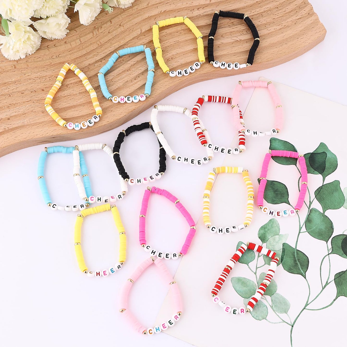 Cooluckday 16Pcs Cheer Gifts Bulk for Team Cheer Bracelets Stackable Clay Y2k Friendship Bracelets